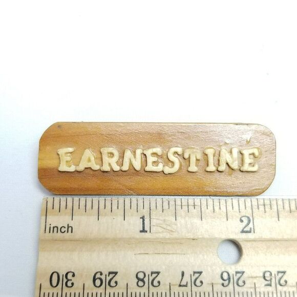 Vintage Earnestine Name Spell Out Wooden Handmade Brooch, Rectangle Shape - Picture 4 of 6